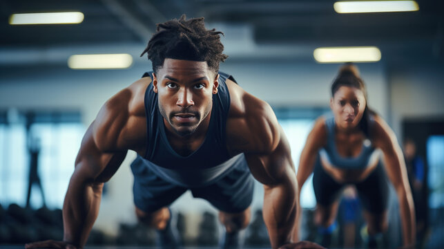 Portrait of sports man and woman training together in a gym