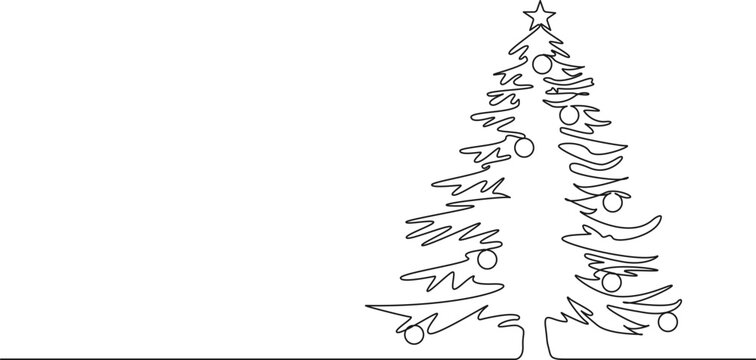 Continuous Single Line Drawing Of Christmas Tree, Line Art Vector Illustration