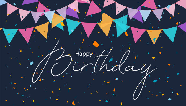 3D Birthday Confetti with Flag. Geometric Vector illustration for Holiday, Party, Festival. Pattern Colorful Confetti for Banner, Cover, Poster, Website, Placard, Advertising. 