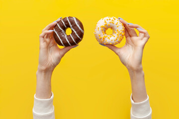 hands raise and hold two different sweet donuts on yellow isolated background, the girl shows pastries in chocolate