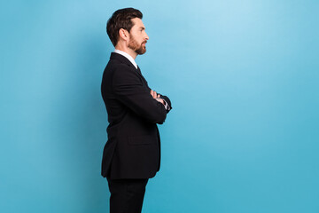Side profile photo of businessman folded arms wearing trendy elegant costume look empty space...