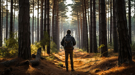 Fototapeta premium back view on a man in the forest between big trees.