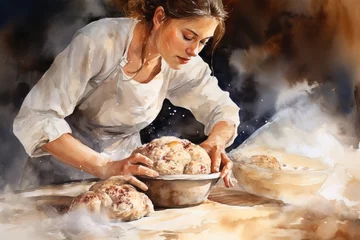 Papier Peint photo Pain watercolor illustration young woman cook baking bread