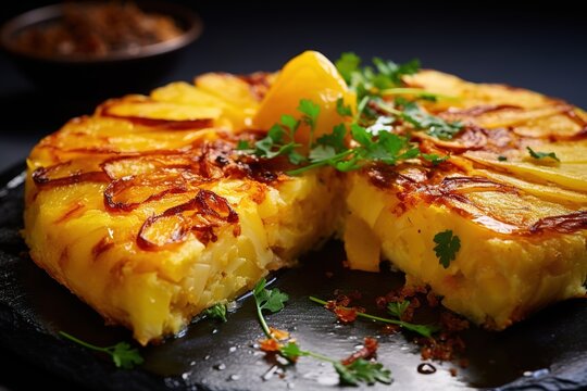 traditional spanish tortilla de patatas , spanish omelet, closeup with herbs on a dark background
