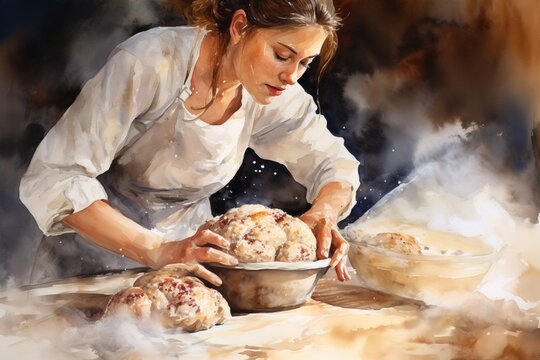 watercolor illustration young woman cook baking bread