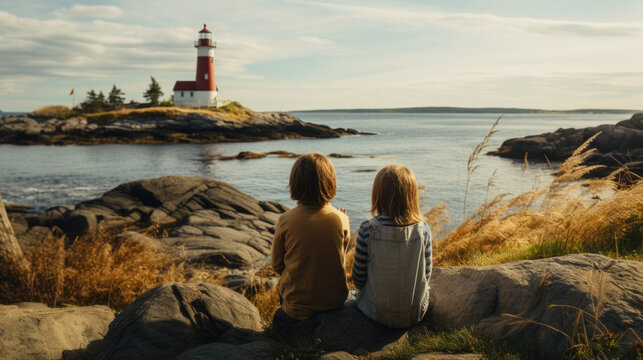 two small children on a coast, in the background is a lighthouse.