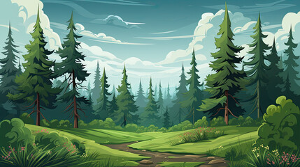 illustration of an idyllic forest landscape with lots of green trees and green meadows.