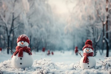 A background image for content creation, portraying two joyful snowmen standing in the heart of a snowy forest, exuding a cheerful and wintery atmosphere. Photorealistic illustration, Generative AI