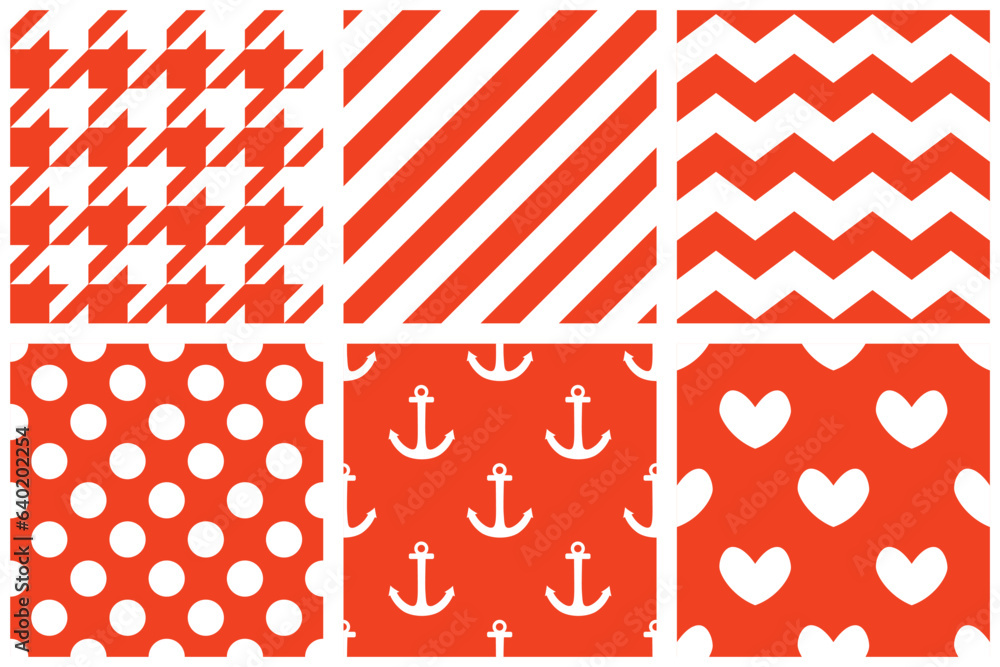 Poster tile vector pattern set with red polka dots, stripes, zig zag print and hearts on white background
