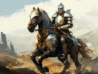 Knight in armor on horseback. Digital art.