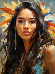 Indian woman in a headdress with feathers. Digital art.