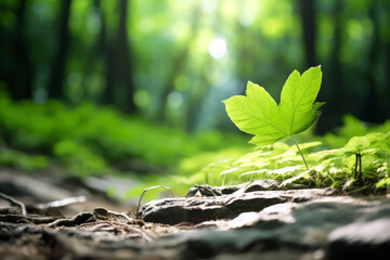 Fantastic close-up shot of young green leaf illuminated by beautiful light shining through a spring natural forest. Landscape concept suitable for environment and nature.