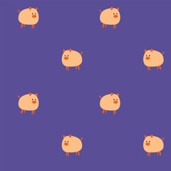 A pattern with a simple image of cute piglets on a purple background.