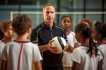 Senior coach teaches volleyball to young players in a school arena. Team sports training, teamwork, and competition focus. - Powered by Adobe