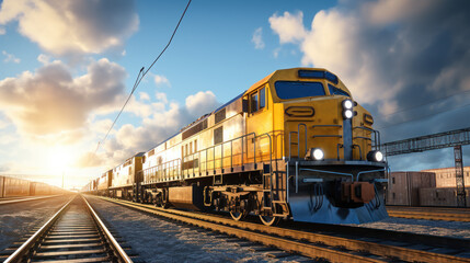 Fototapeta na wymiar Freight rail transport, locomotive with cargo containers