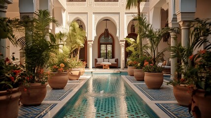 Fototapeta na wymiar A courtyard fountain in a Moroccan riad 