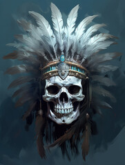 Indian skull with feathered headdress. Digital painting style.