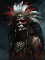 Indian skull with feathered headdress. Digital painting style.