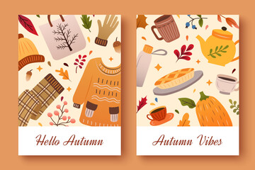 Colorful banners with autumn fallen leaves. Fall season autumn doodle elements. Hand drawn pumpkins, falling leaves, pie