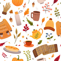 Autumn seamless pattern. Fall season autumn doodle elements. Hand drawn pumpkins, falling leaves, pie