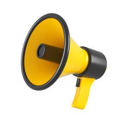 Yellow and black megaphone isolated. Close up breaking news metaphor, disclosure of information concept. 3d rendering.