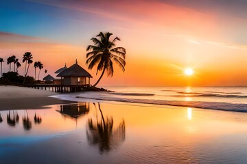 Fototapeta na wymiar Embracing Tranquility-Witnessing the Mesmerizing Sunset Along the Beach with trees and hut