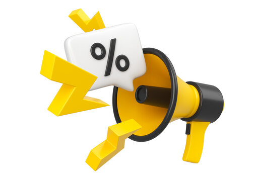 Yellow and black megaphone with lightings and percent offer promotion message bubble isolated. Price discount icon for sales and shopping online concept. 3d rendering.