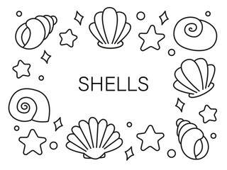 Set of seashells in doodle style, cartoon nautical icons. Sea frame, gifts of the ocean. Black and white vector illustration isolated on white background. Hand drawn shells collection, pack. 
