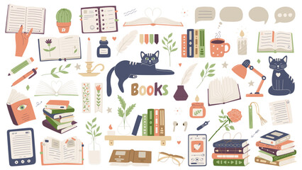 Reading set of books. For reading lovers. Open books, piles, in a stack, glasses, audiobook, ebook, books on shelf, speech bubbles, cats, Flat cartoon vector illustration isolated on white background. © Валерия Соловьева