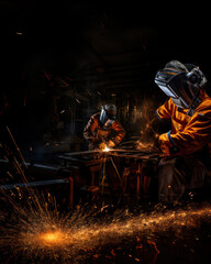 Welding work in a factory, a male welder welds steel
