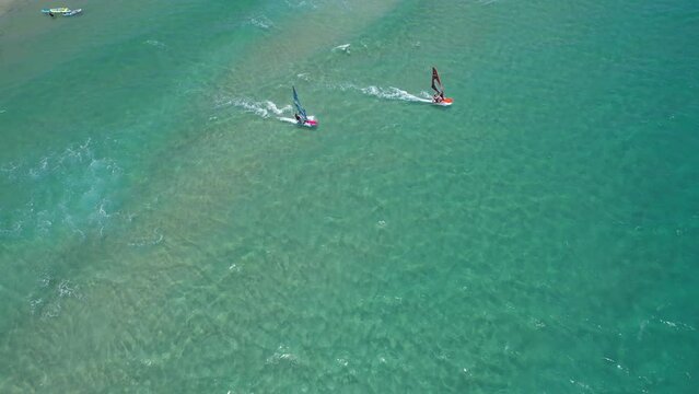 Aerial views of Kite and Wind surfers off the coast of Paros, Greece.