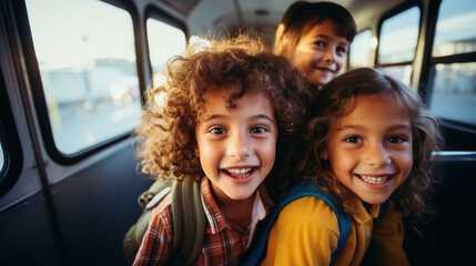 Portrait of elementary grade children sitting in school bus. Yellow bus taking children on sunny autumn day. Back to school concept.