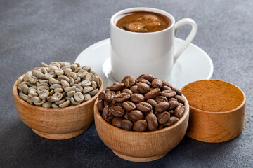 A cup of Turkish coffee with roasted coffee, green coffee, ground coffee