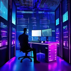 Digital Custodian: Dedicated Technician Ensuring Seamless Operations within a High-Tech Server Room, Guardianship of the Data Universe.