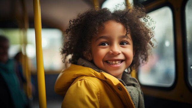 Portrait of elementary grade child sitting in school bus. Yellow bus taking children on sunny autumn day. Back to school concept.