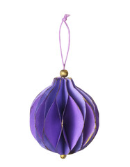 Handmade purple Christmas ball isolated on white or transparent background. DIY decoration.