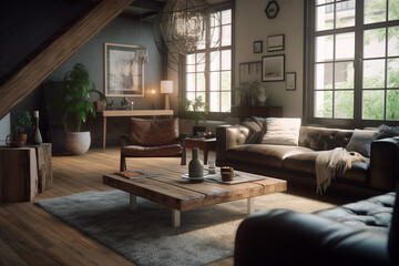 Modern Rustic living room interior design. Wooden walls and floor, gray sofa and wooden coffee table