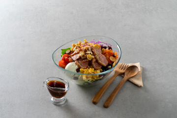 Korean food dish Shrimp, salad, anthracite, smoked duck, fan meat, beef