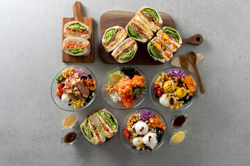 Korean food dish Salmon, salad, Mediterranean, ricotta cheese, cajun chicken, chicken