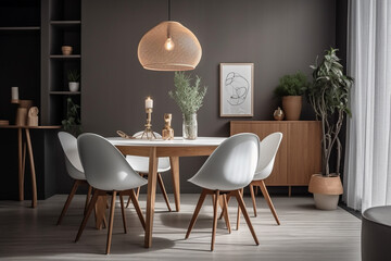 Modern Dining Table, monotonous white chairs with wooden round table