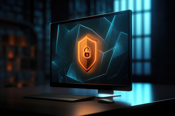 A lock symbol glowing on a computer screen an a protection shield with a dark background - Digital Guardian, Cybersecurity - AI Generated