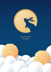 Mid-autumn festival poster with moon, moon cake and rabbit on dark blue background. Vector illustration for banner, poster, flyer, invitation, discount, sale.