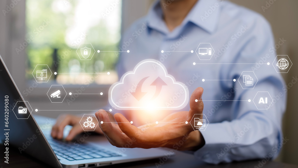 Poster business people using laptop with cloud computing system , storage and data transfer cloud network, 