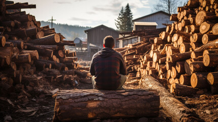 a man sits on a thick log in a sawmill. back view. - Powered by Adobe