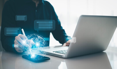 Programmer people working laptops or smartphones with AI, artificial intelligence software engineer coding on laptop computers with technology icons and binary code, big data, Ai bot digital machine