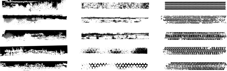 Black tire tracks and tyre prints pattern on white background. Drag racing, drift, rally, motocross, off-road and other. Vector black isolated texture