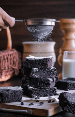 Creative photography of brownies. Perfect composition of brownies and ingredients.