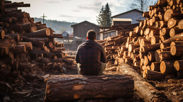 a man sits on a thick log in a sawmill. back view.