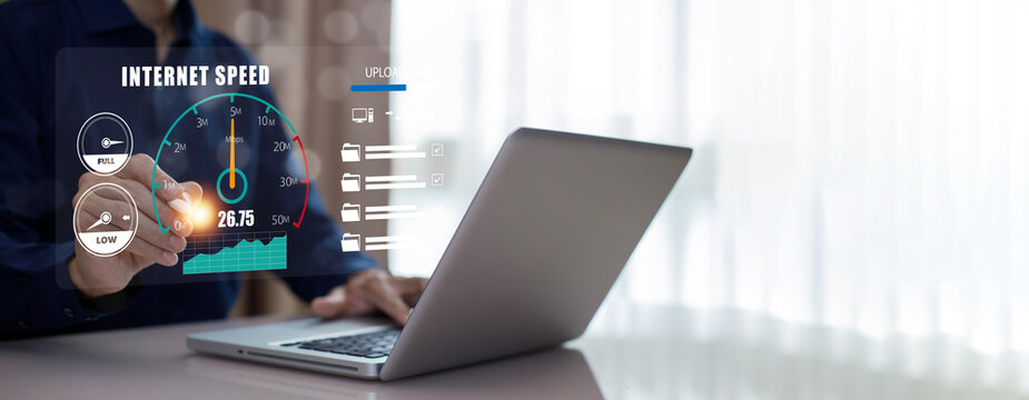 Fast internet connection with Metaverse technology concept, Programmer people working  laptop with Virtual screen of Internet speed measurement, Internet and technology concept, 6G High-speed internet