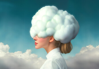 目元から頭に大きな雲のような泡を乗せた女性「AI生成画像」